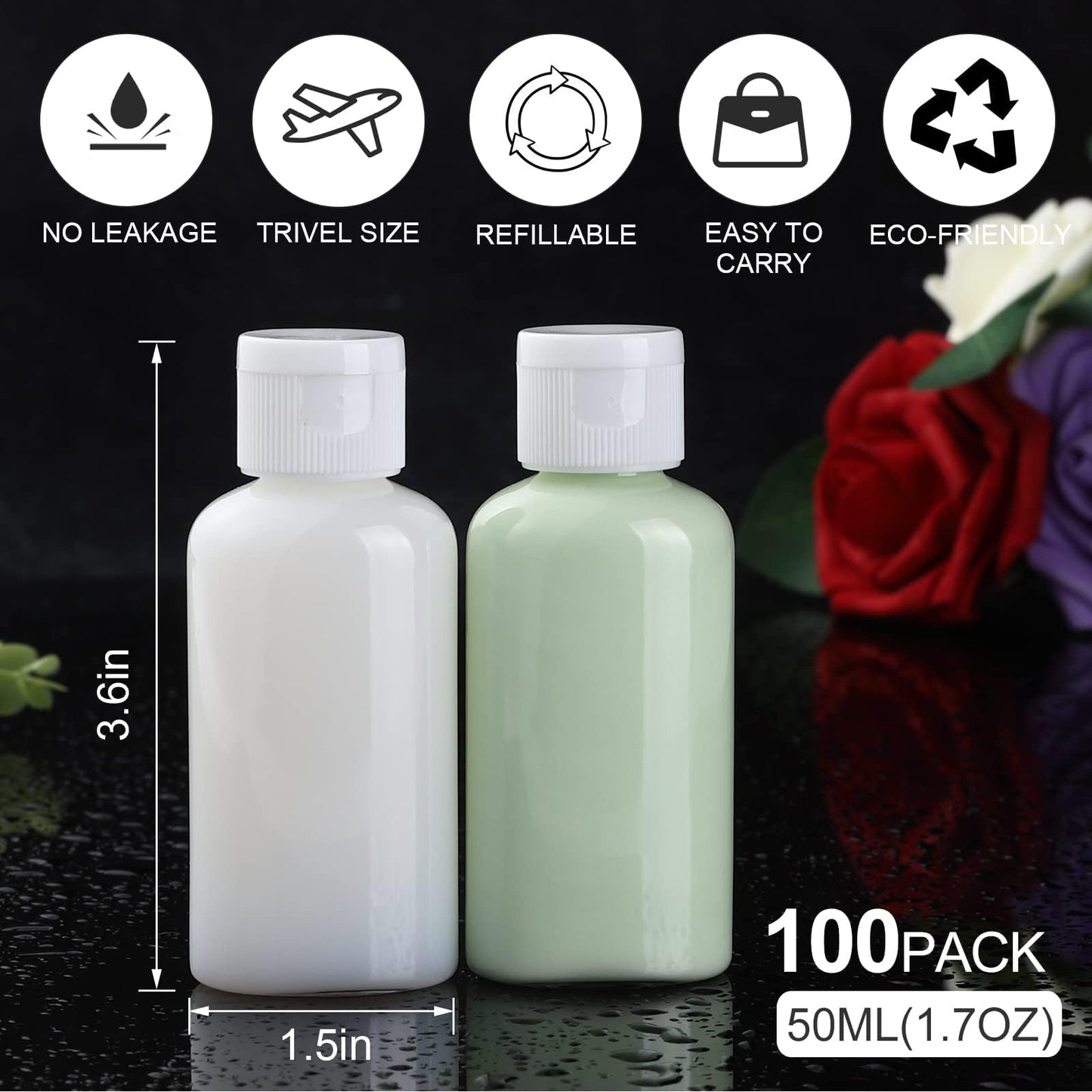 Tzirci 100 Pack 1.7 oz Empty Squeeze Bottles, 50ml Travel Bottles Flip Caps