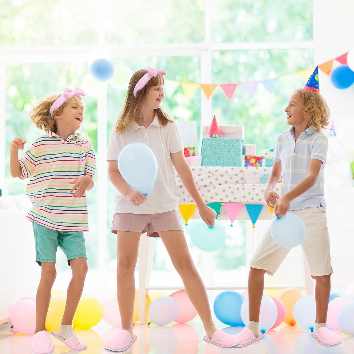 Girls Spa Party Supplies - 12 Pcs Kids Sleepover Set with Disposable Slippers & Bow Headbands | Perfect for Birthday Favors