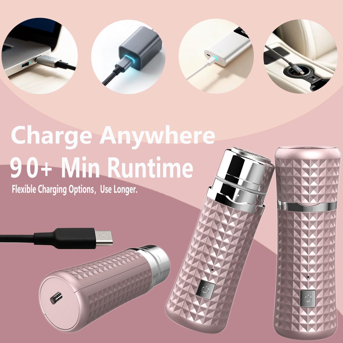 Painless Facial Hair Removal for Women, Electric Face Shaver, Portable Peach Fuzz Trimmer for Lip, Chin & Cheeks, USB-C Rechargeable 90 Mins Cordless Shaver, Gentle for Sensitive Skin (Rose Gold)