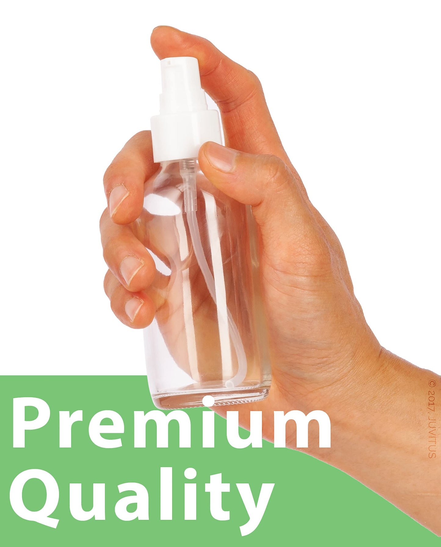 JUVITUS (12 Pack) 4 oz / 120 ml Clear Glass Boston Round Bottle with White Treatment Pump BPA Free Refillable Empty Storage Containers