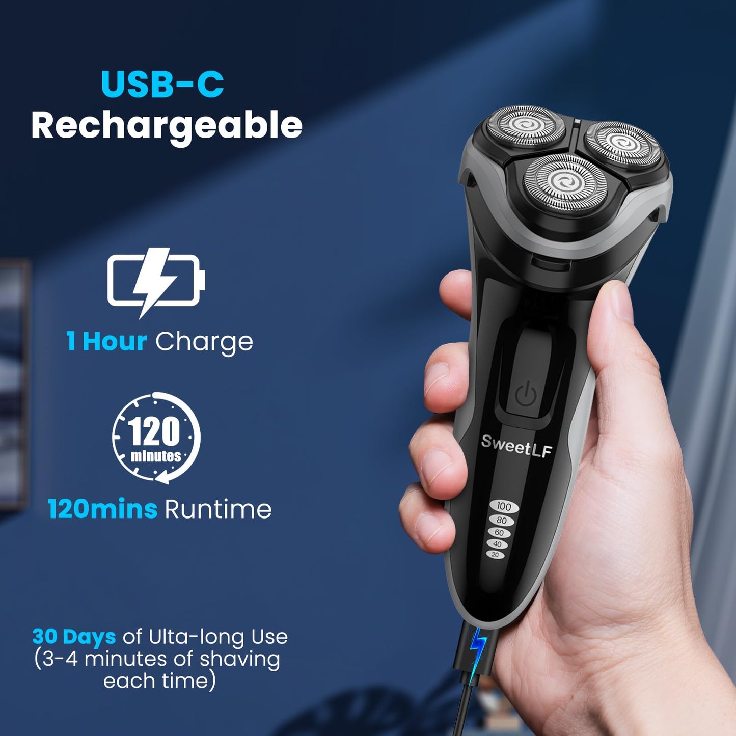 SweetLF Men's Electric Shaver, Silent & Powerful, IPX7 Waterproof, Dual-Track Floating Blades, Type C Fast Charging, 60 Minutes Charge, 120 Minutes Runtime (Black&Gray)