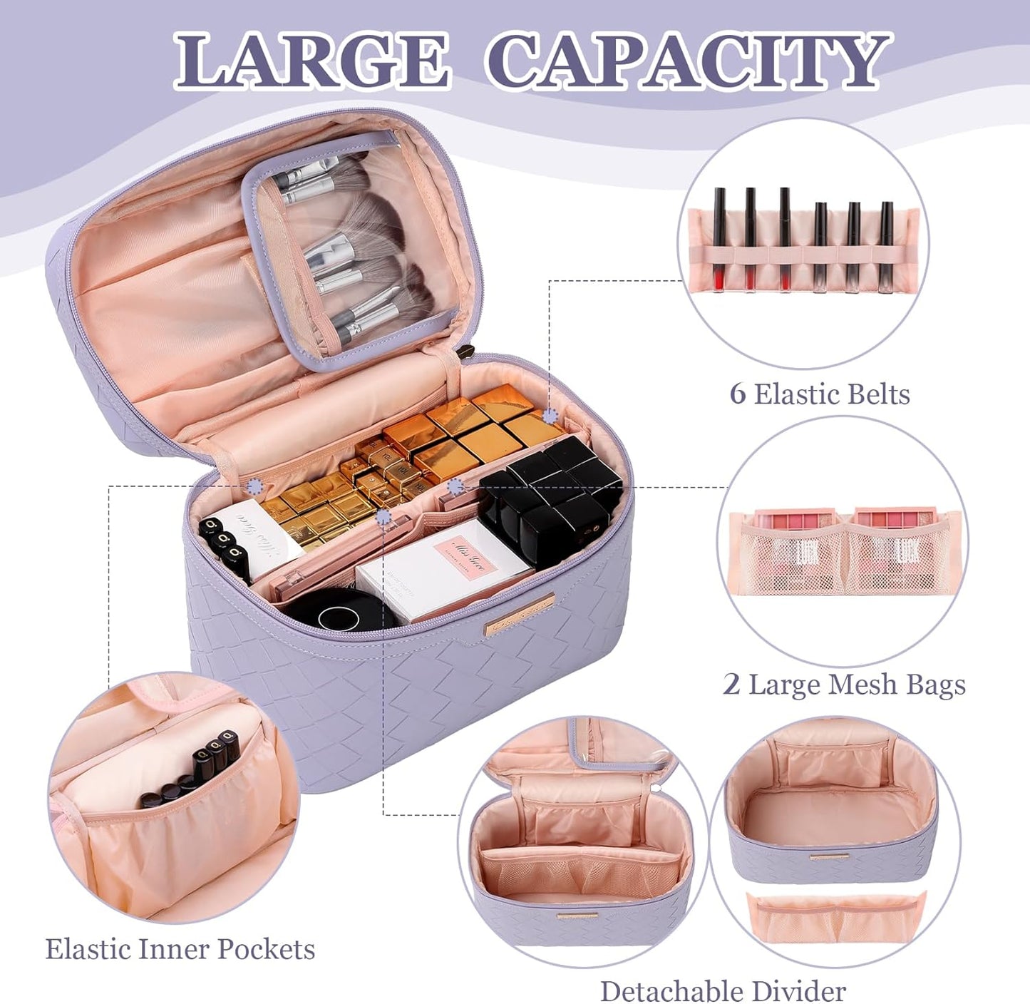 Makeup Bag - Large Capacity Travel Cosmetic Organizer | Waterproof PU Leather - 11.81 x 6.7 x 7.09 Inch (Purple)