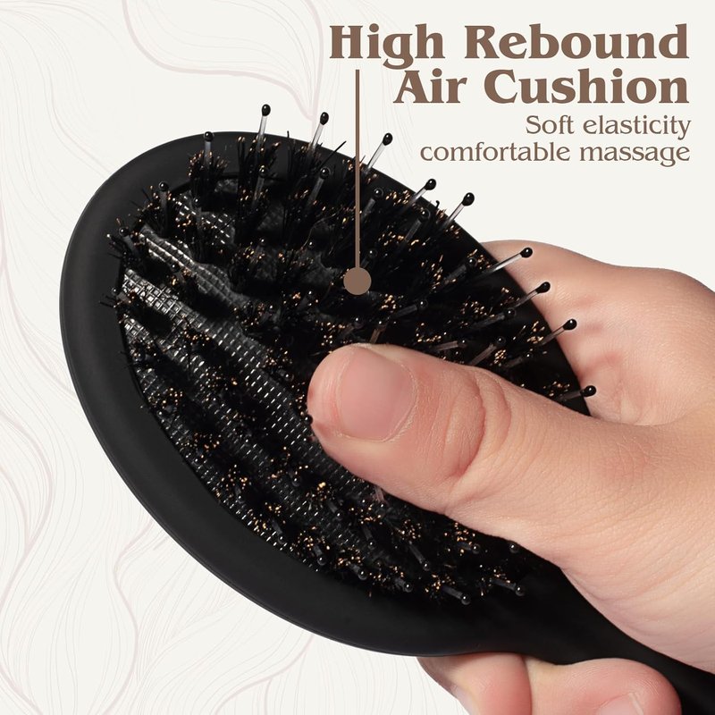 Mini Boar Bristle Hair Brush - Small Boar & Nylon Brush for Women & Kids | Travel Size for Long & Short Hair, Black