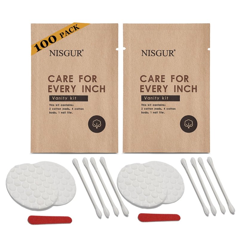 Cotton Pad Cotton Swab and Nail File Kit Kraft Paper Individually Wrapped 100 PCS Hotel Vanity Kit Hotel Supplies and Toiletries Bulk