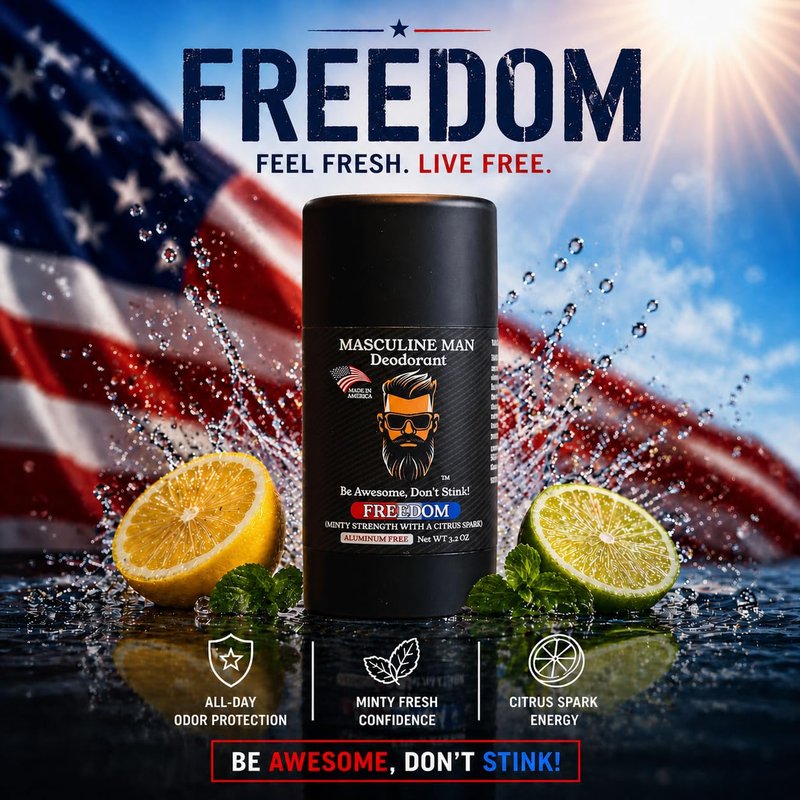 MASCULINE MAN Deodorant for Men - Aluminum Free Mens Deodorant - Natural Deodorants - Sweat Protection for Underarm - Stain-Free Stick Deodorants - Made in USA, 3.2oz (Pack of 2, Freedom)