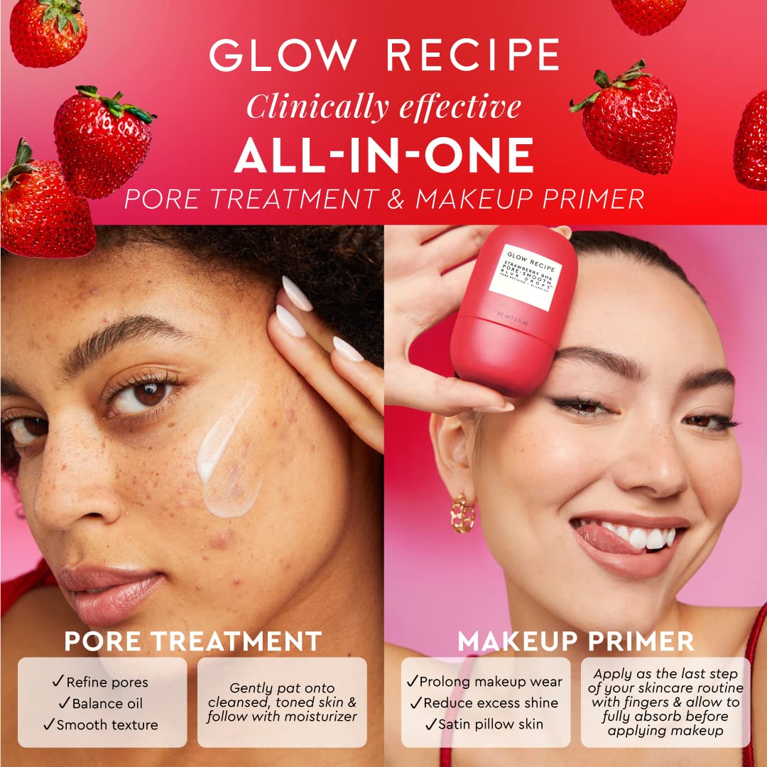 Glow Recipe Strawberry BHA Serum Primer, Silicone-Free Blurring Matte Primer, Pore Minimizing Face Primer + Salicylic Acid Serum, Oil Control, Smooth Texture, Korean Primer Serum (30ml)