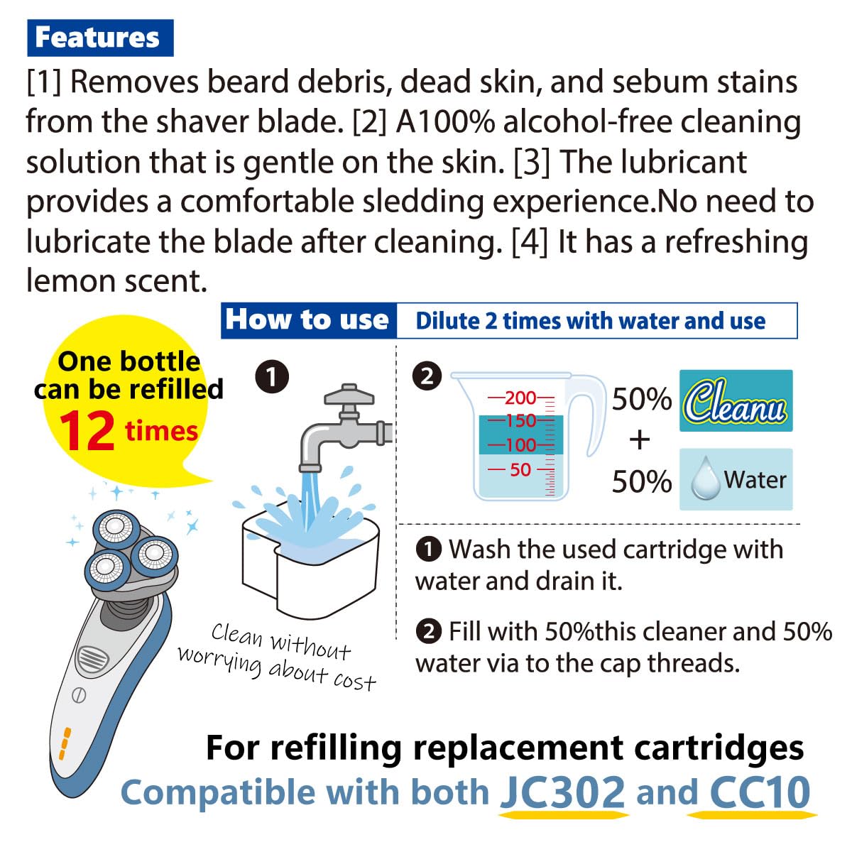 Cleanu (クリンニュ) 2X Concentrated Shaver Cleaning Solution Refill Compatible with Philips Norelco SmartClean & Quick Clean Pod Systems – Makes Up to 12 Cartridge Refills, 1L (33.8 oz), Made in Japan