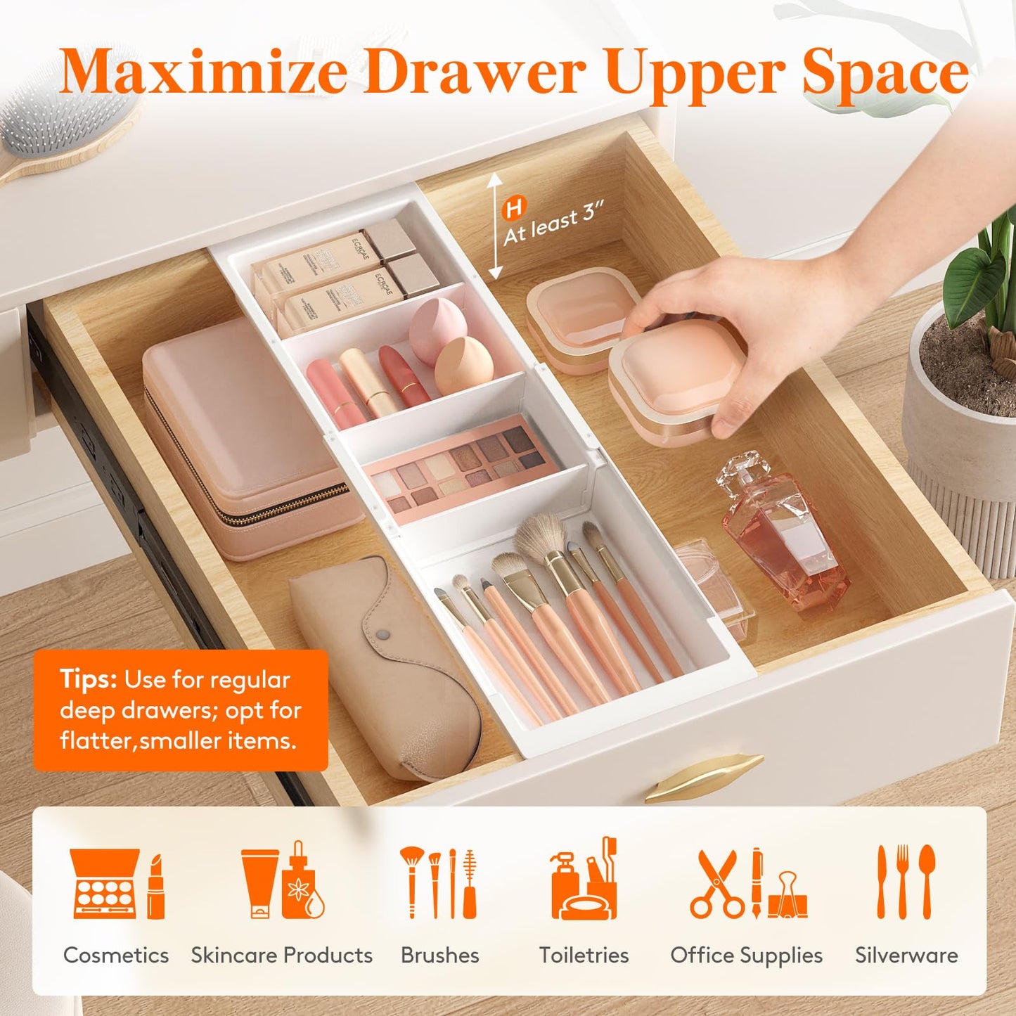 Lifewit Sliding Makeup Drawer Organizer, Fits 13-20" Deep Drawers, Extendable Hanging Divider, 1.8" High Plastic Tray for Vanity, Office, Kitchen, Translucent, 2Pcs