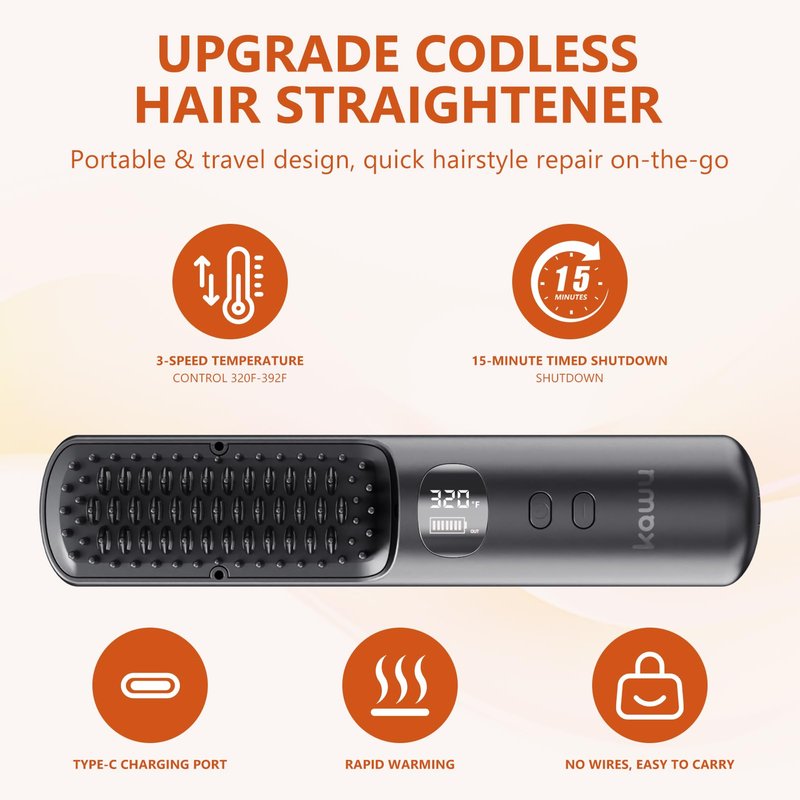 Kawu Electric Hair Straightener, Portable Hot Comb Cordless for Travel, Negative Ion Ceramic Wireless Mini Straightening Comb, USB Rechargeable Anti-Scald Styling Iron for Women & Girls
