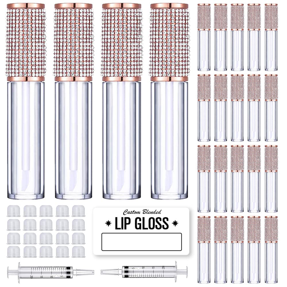 AMORIX 24 Pack Crystal Rhinestone Lip Gloss Tubes with Wand 5ml Empty Containers + Syringes + Labels