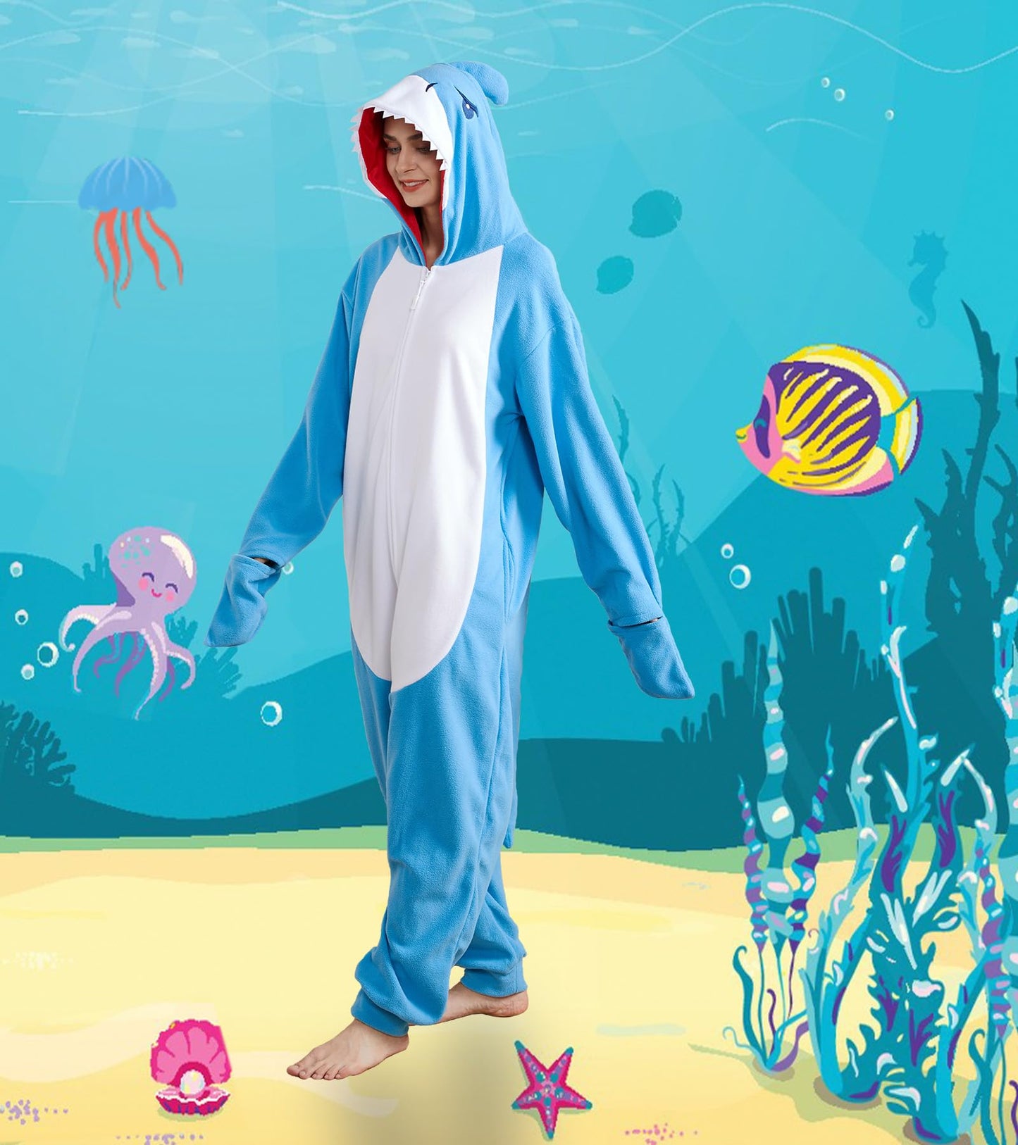 Focupaja Shark Pajamas Adult Animal Cosplay Costume One Piece Cartoon Homewear Sleepwear Onesie for Women Men Dark Blue XL