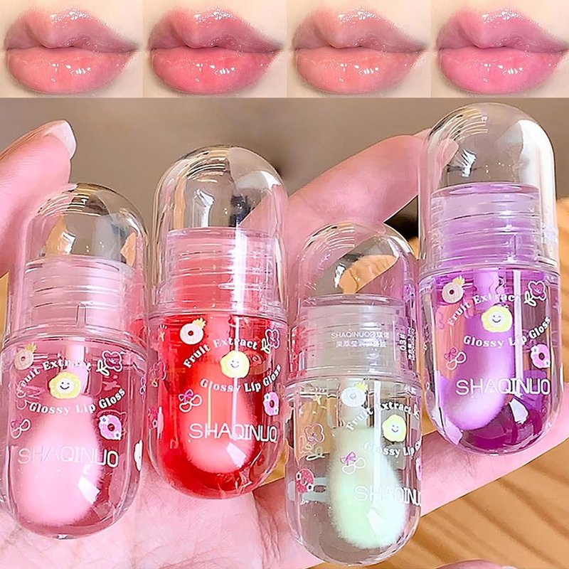 Pakivs 4Pcs Fruit Flavored Lip Gloss Oil Set,Big Brush Head Lip Oil,Cute Lip Hydrating Nourishing Lip Gloss, Jelly Glossy Finish Lip Glow Oil,Party Gift for Women,
