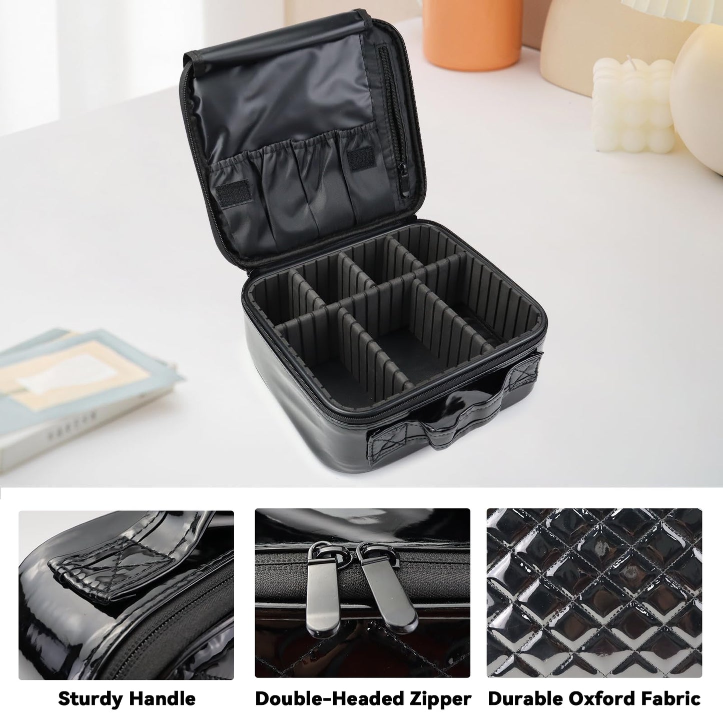 SLUMAZI Travel Makeup Bag Makeup Cosmetic Train Case Organizer Portable Storage Bag with Adjustable Dividers for Cosmetics Makeup Brushes Toiletry Jewelry Black Medium