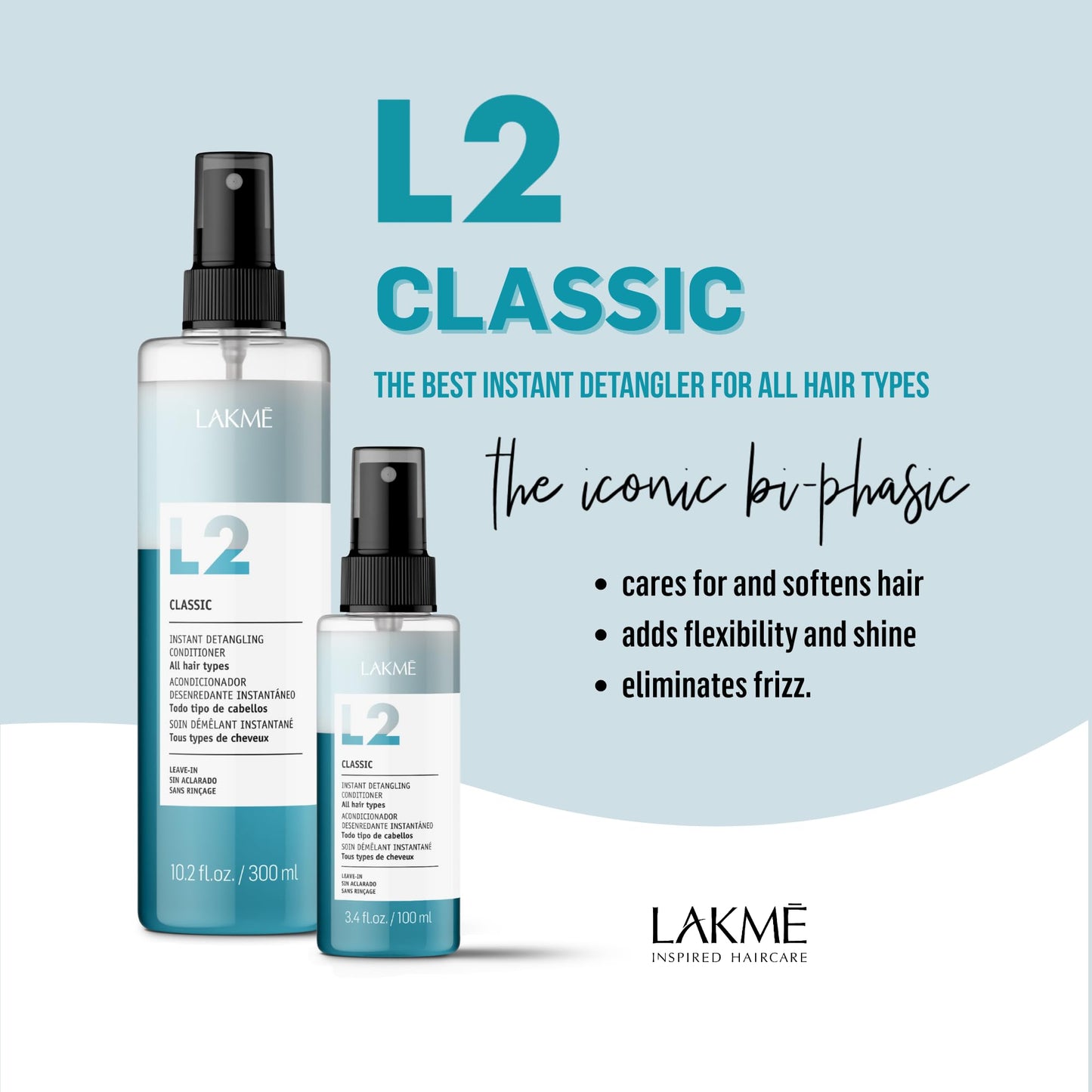 Lakmé L2 Classic Bi Phase Conditioner, Detangling Spray for Hair, Leave In Conditioner Spray For All Hair Types, 10.2 Fl Oz