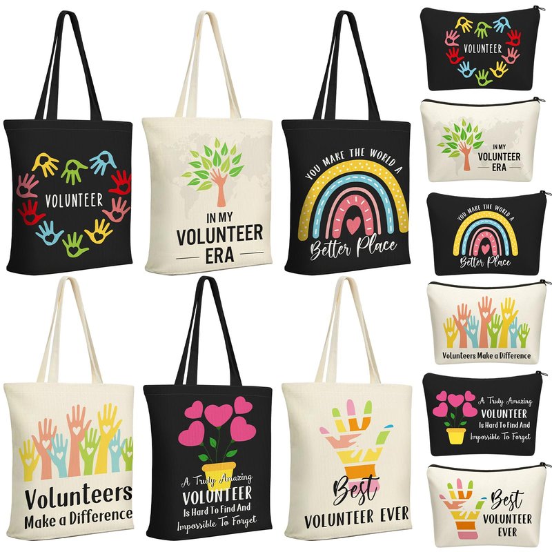 Yaomiao 12 Pcs Volunteer Appreciation Gifts Bulk for Women Volunteer Tote and Cosmetic Bags Set Funny Canvas Reusable Grocery Bag with Zipper Makeup Bag for Holiday Thank You Gifts, Church, Group