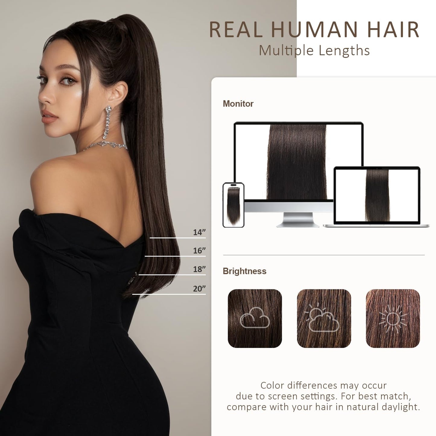 JIAMEISI Ponytail Extension Human Hair Wrap Around Clip in Hair Piece Ponytail Extension Human Hair Straight Ponytail Hair Extensions with Magic Paste 70G 16 Inch #2 Darkest Brown