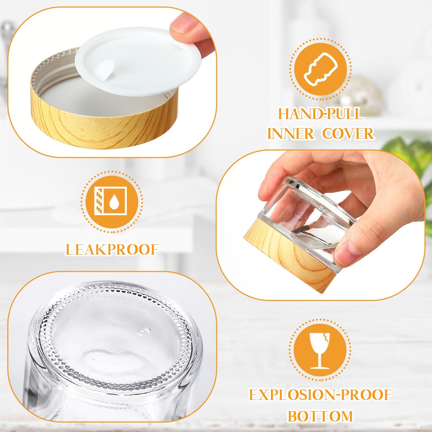 Layhit 24 Pcs 50 ml Cosmetic Glass Jars with Lids 1.69 oz Small Jars with Plastic Woodgrain Lids, White Labels and Inner Liners Empty Round Cosmetic Containers for Creams Lotions Powder
