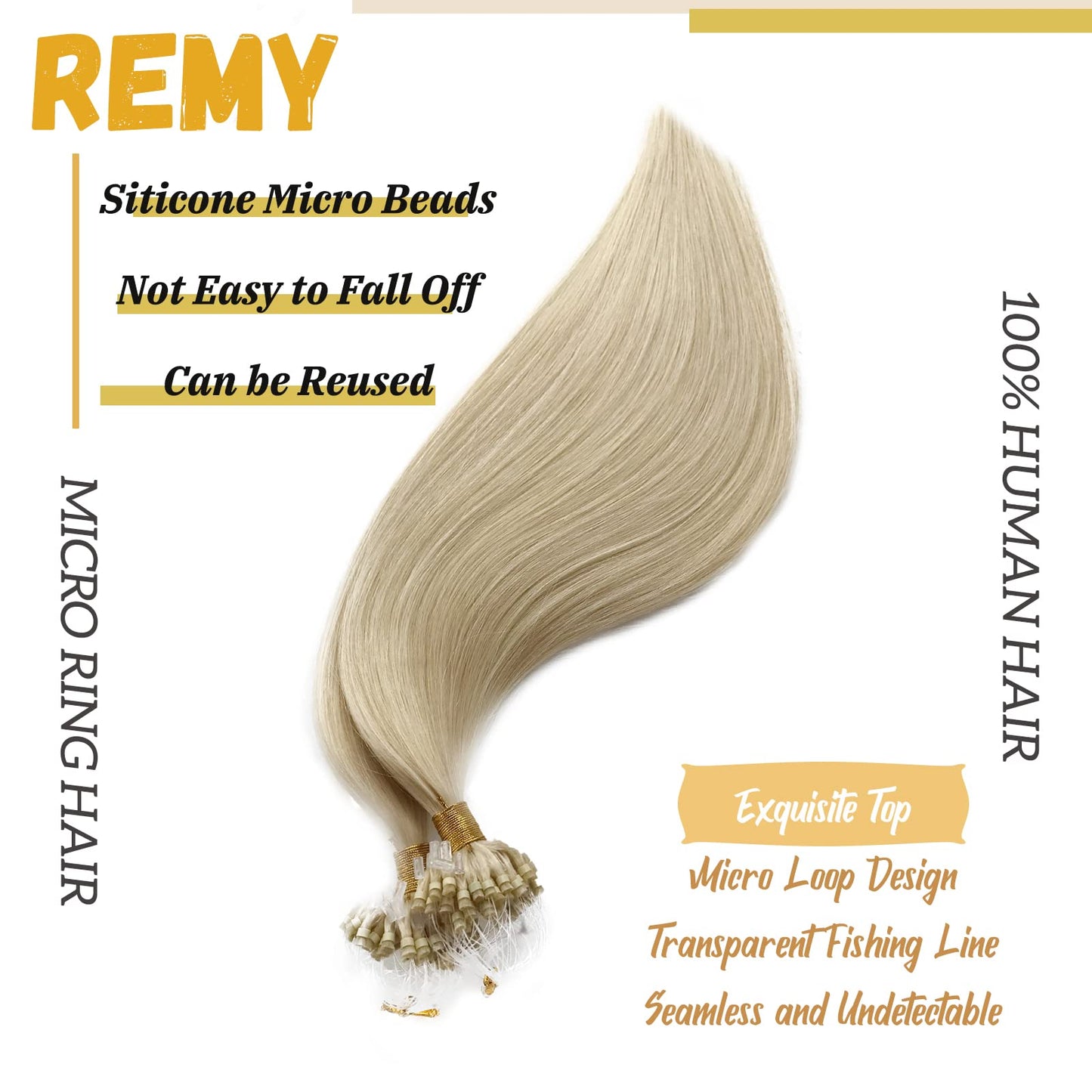 White Blonde Micro Beads Hair Extensions for Women - Micro Ring Cold Fusion Platinum Blonde #60 Microlink Natural Straight Soft Human Hair 50G/50Strands