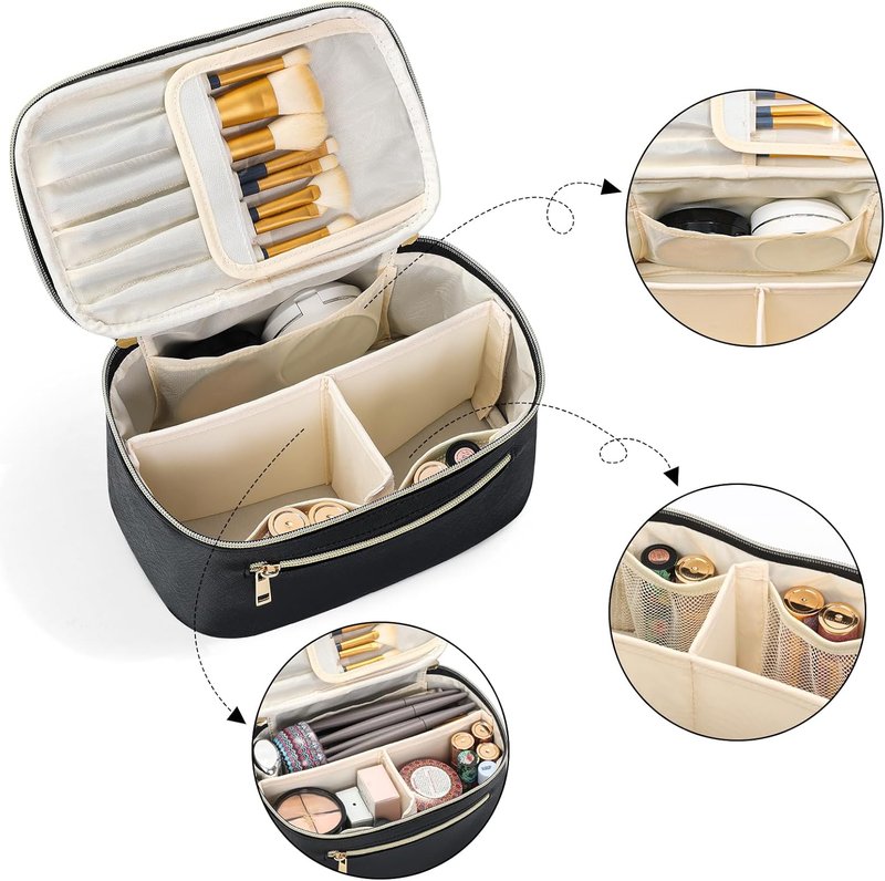 Travel Makeup Bag Organizer - Large Capacity Waterproof Cosmetic Pouch with Divider | Black Clamshell Case