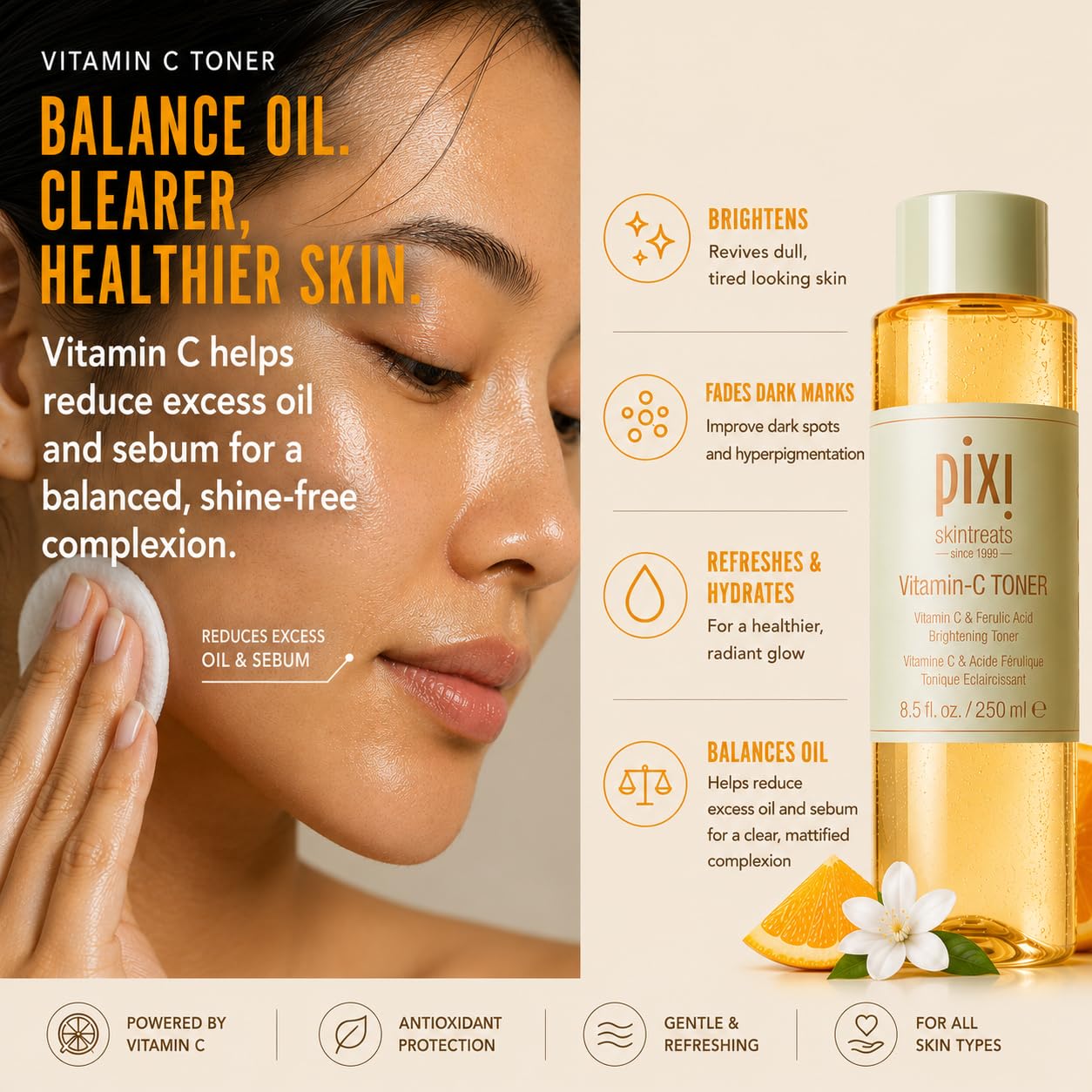 Pixi Vitamin-C Toner Tonic | Fade Dark Spots & Brighten Skin | Vitamin C & Ferulic Acid, with Probiotics | Boost Skin Luminosity, Brighten Dull Skin, Alcohol Free Daily Toner (250ml / 8,5 fl oz)