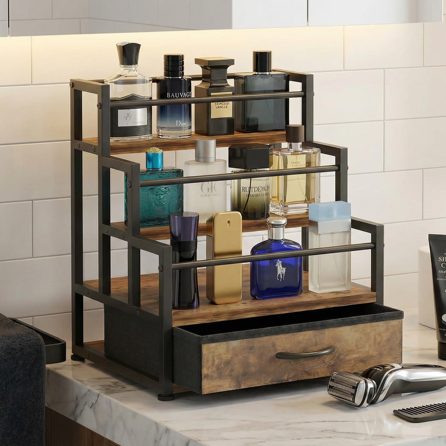 VonDream 3-Tier Cologne Stand with Fabric Drawer, Cologne Organizer for Men, Spacious Wine Rack,Coffee Syrup Stand for Kitchen, Bathroom & Bar Counter Décor