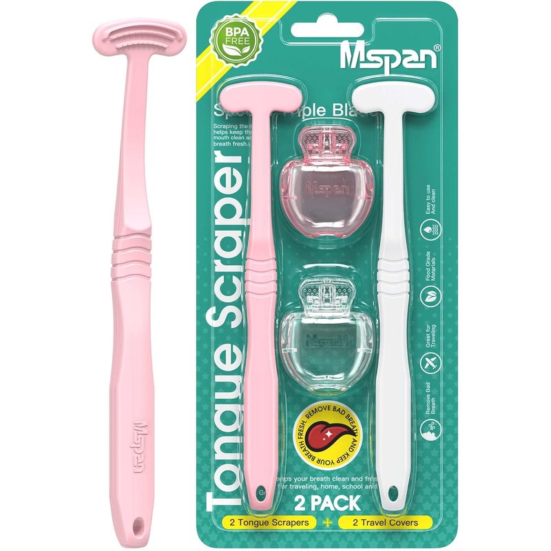 Tongue Scraper Cleaner Brush - Effective Oral Care Tool for Bad Breath | 2 Pack with Travel Case - Pink & White