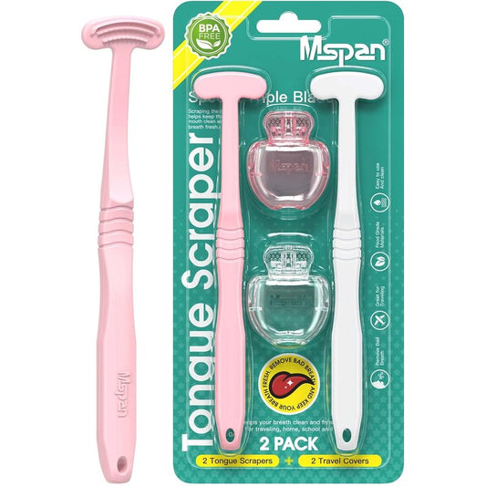 Tongue Scraper Cleaner Brush - Effective Oral Care Tool for Bad Breath | 2 Pack with Travel Case - Pink & White