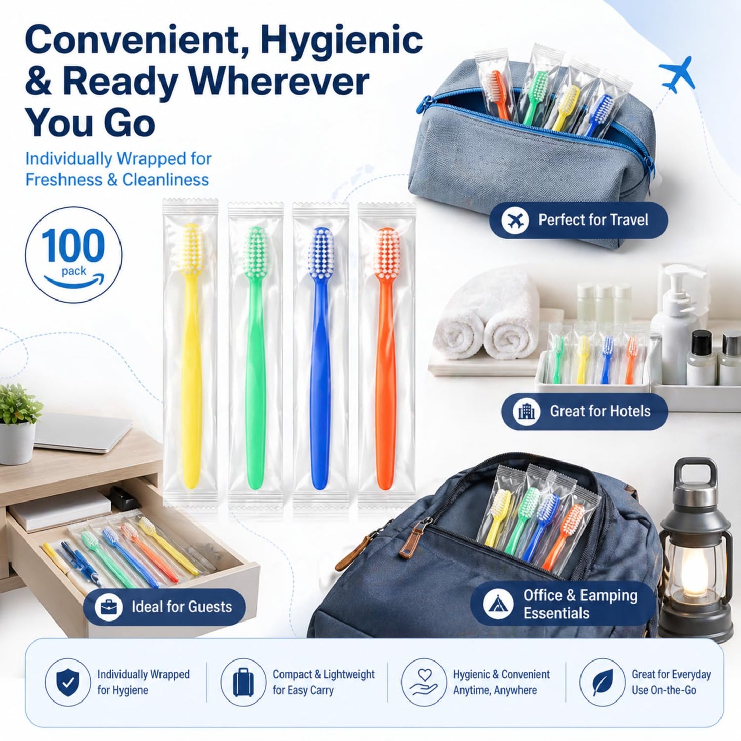 Ziliny 100 Pcs Prepasted Disposable Toothbrushes Bulk Individually Wrapped Pre Pasted Soft Bristle Set Travel Colorful Toothbrushes for Homeless Gift Hotel Camping Travel
