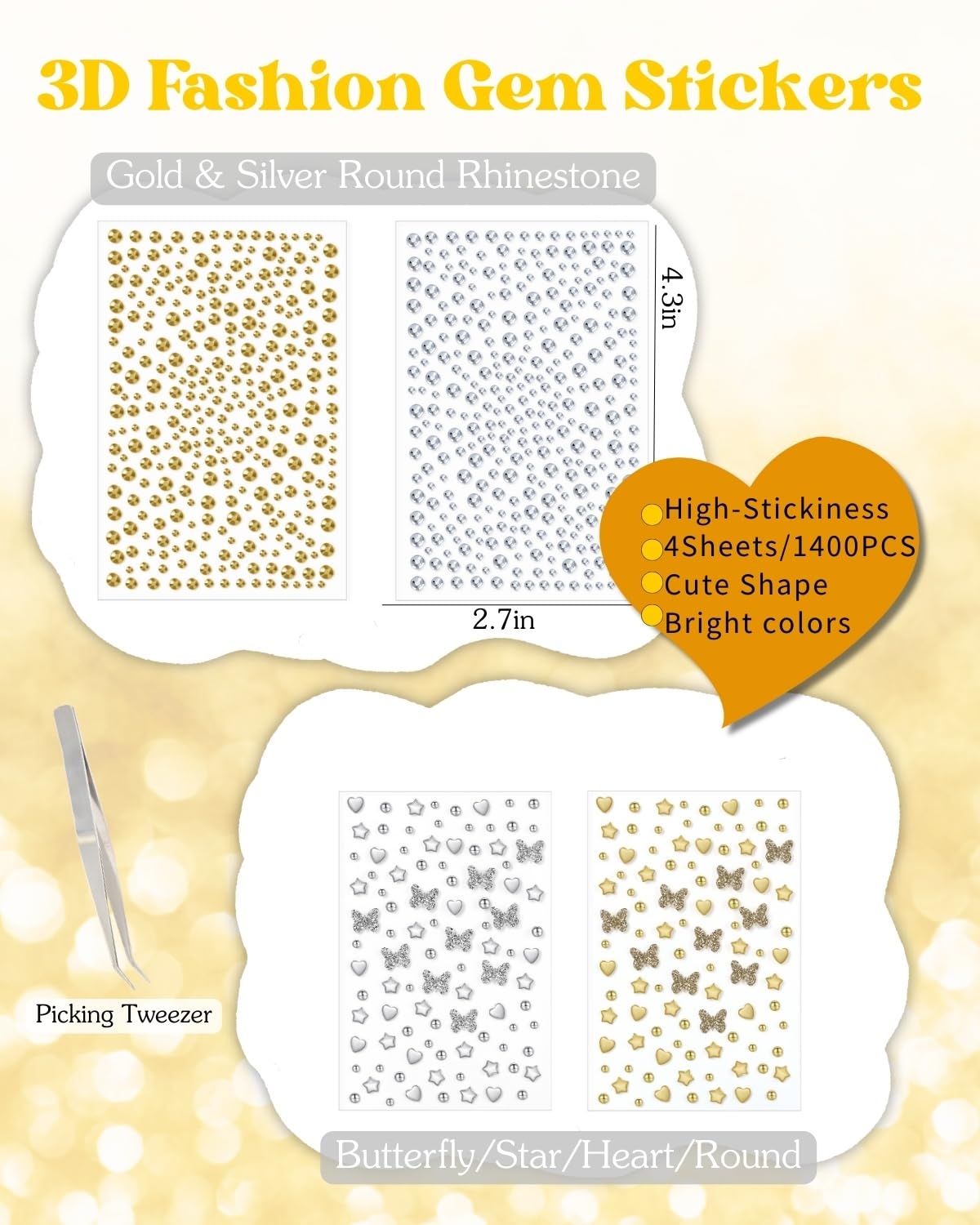 6+4 Gold Silver Face Gems Body Glitter Set: Sparkly Face Hair Glitter Gel & Self Adhesive Butterfly Heart Stars Stickers for Women Disco 50th Birthday Easter Party Makeup Accessories (Gold,Silver)