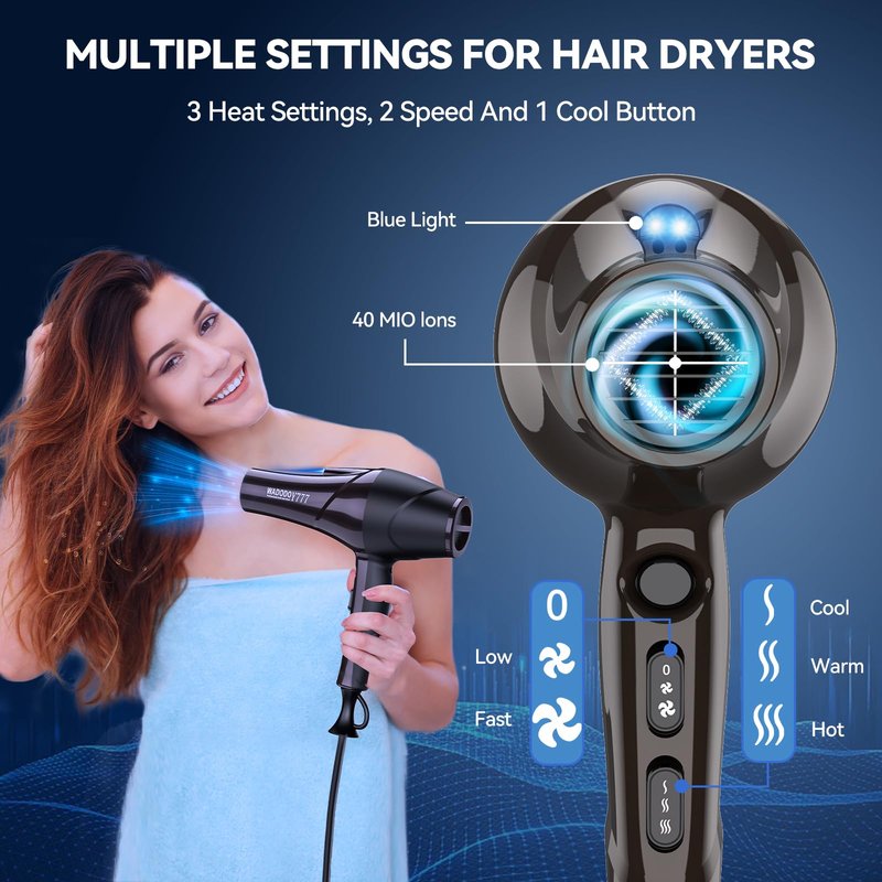 WADODO Ionic Hair Dryer, 2200W Professional Blow Dryer Fast Drying Travel AC Motor Constant Temperature Low Noise Ion Dryers Curly Care Hairdryer Blowdryer for Women Men