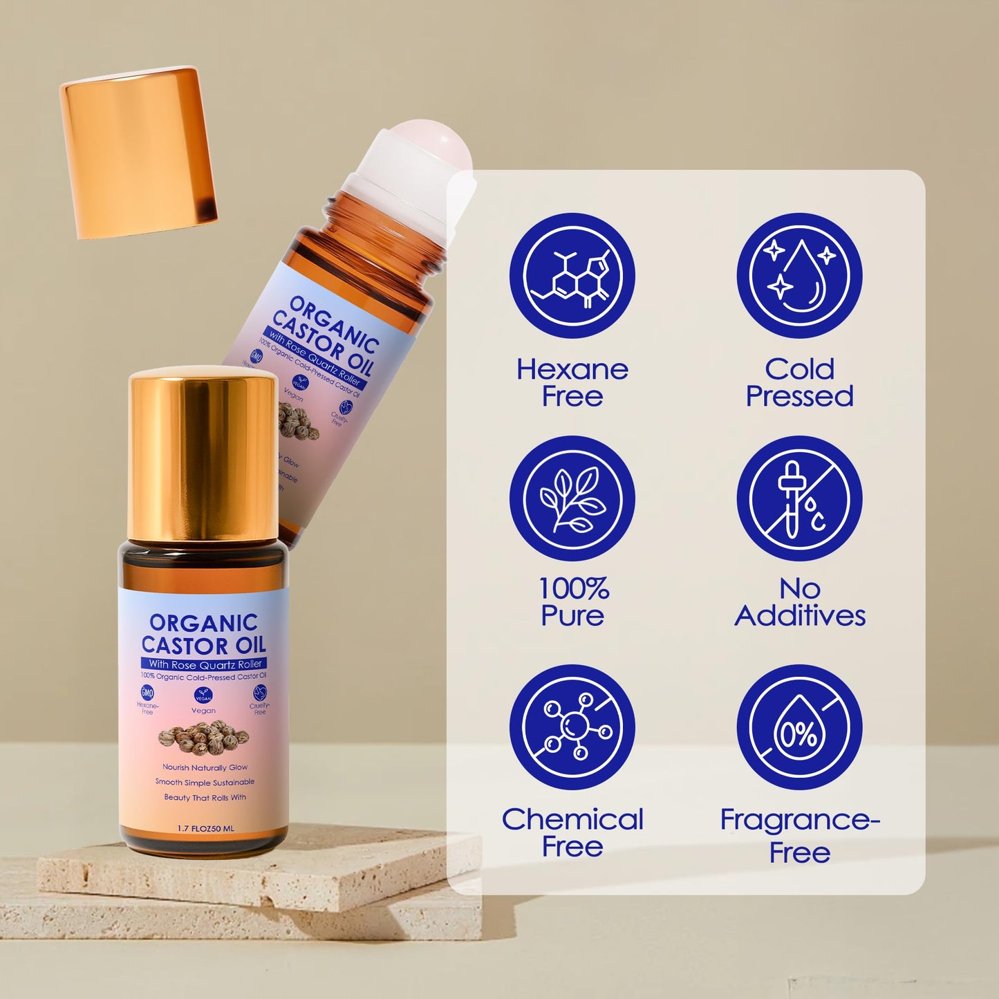 ipxkwll Castor Oil Rose Quartz Roller Ball, 100% Pure Cold-Pressed & Unrefined - Rose Quartz Castor Oil Roller for Hair Growth, Eyelashes, Eyebrows & Skin (1)