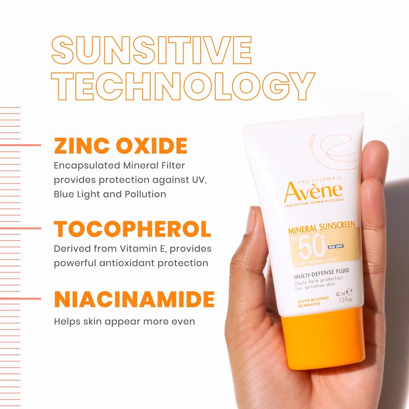 Avène Mineral Sunscreen Multi-Defense Fluid Tinted SPF 50+, Clean Formula Sunscreen for Sensitive Skin, Reef Friendly, Tint, Non-Whitening, Antioxidant Protection, 1.3 Fl Oz