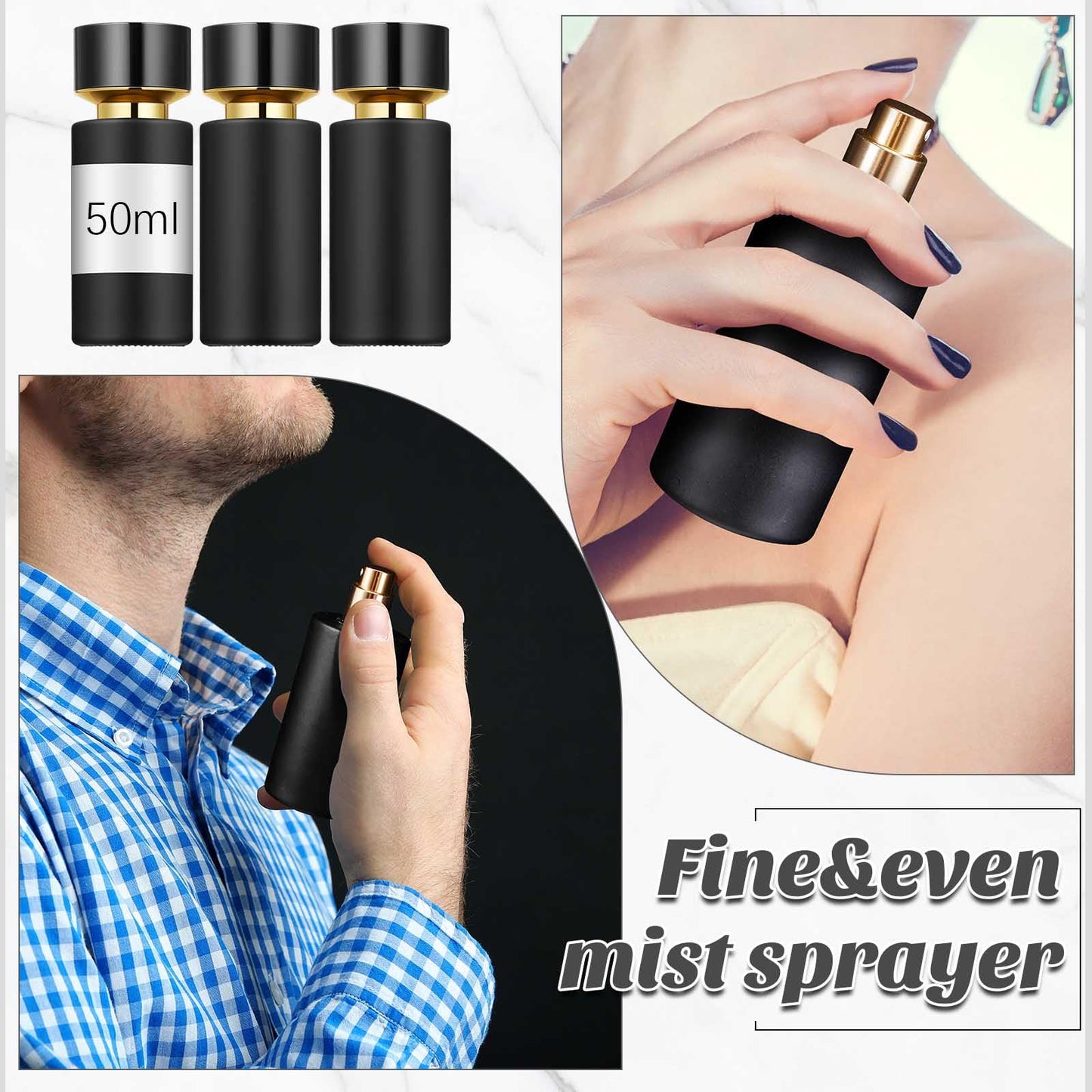 Perfume Decanter Kit with Transfer Tools, 6 Pack 50 ml Empty Refillable Glass Atomizer Spray Bottles, Portable Travel Refill Set with Funnels & Syringe for Cologne, Lotion & Fragrance (Black)