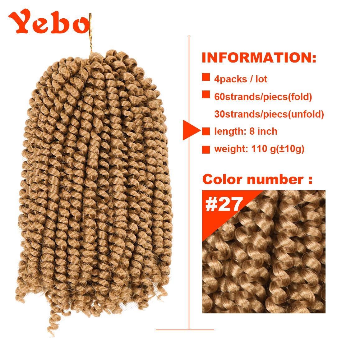 Yebo 30 Strands Spring Twist Hair 4 Packs Spring Twist Crochet Braiding hair 8 Inches Ombre Colors Synthetic Hair Extensions 30 Strands/Pack, 110g/Pack(1B,8Inch)
