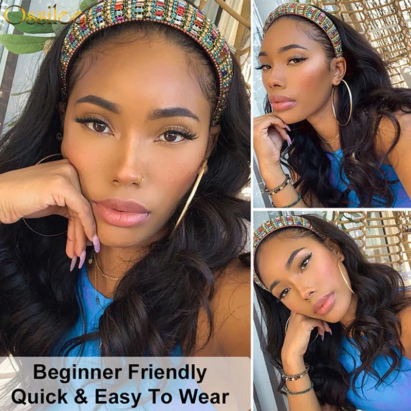 Justres Headband Wigs for Black Women Human Hair 16 Inch Glueless Body Wave Headband Wig Human Hair 100% Brazilian Virgin Hair Machine Made Head band Wig 180% Density