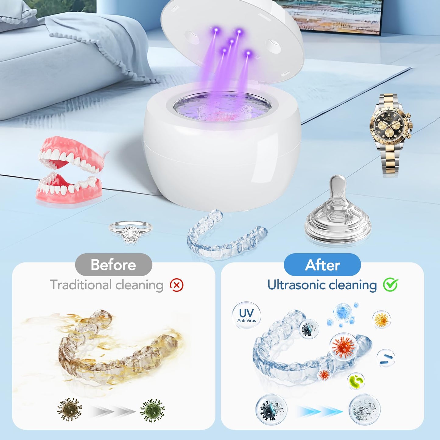 Ultrasonic Retainer Cleaner Machine, Cleaning Pod for Jewelry Cleaner, Dentures, Mouth Guards, Rings, Earrings, Glasses- 200ML 45kHz One-Touch 5-Minute Deep Clean (White)