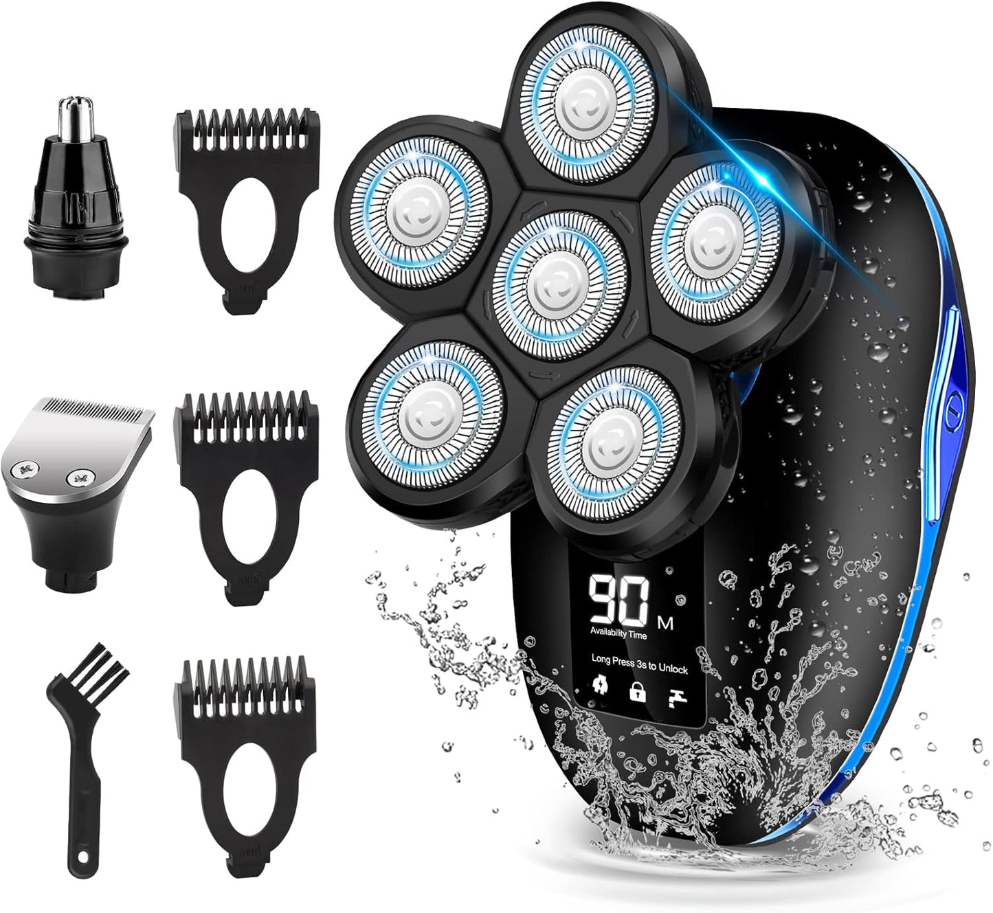Electric Head Shaver for Bald Men - 6-in-1 Waterproof 6D Wet/Dry Grooming Tool