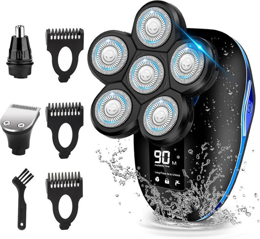Electric Head Shaver for Bald Men - 6-in-1 Waterproof 6D Wet/Dry Grooming Tool