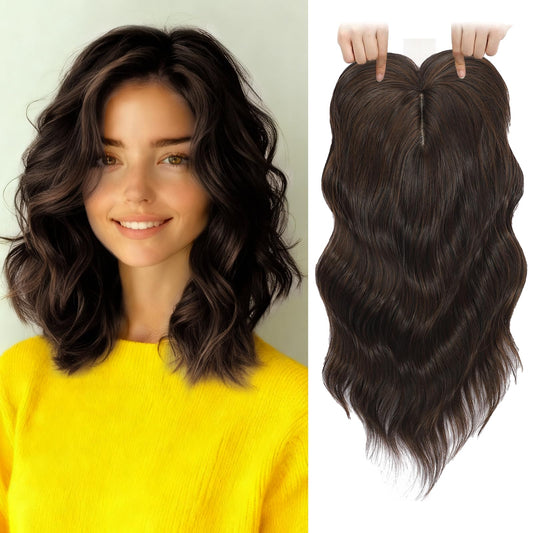 TYQ Hair Toppers for Women with Thinning Hair,14 Inch 360° 3D Synthetic Curly Wavy Side Part Clip in Bangs(Dark Brown Mixed Chestnut)