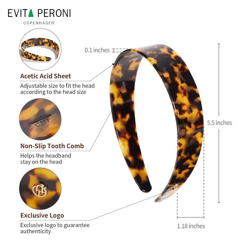 Evita Peroni Wide Headbands for Women - No Slip Acetate Resin Hair Bands | Tortoise Color