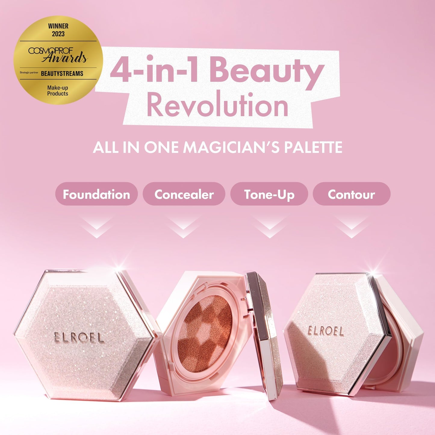 ELROEL Blending Cushion 4-in-1 Korean Cushion Foundation with Italian Caviar, Collagen & Hyaluronic Acid - 12HR Long Lasting, Hydrating & Age-Defying Makeup Concealer 0.44 oz (#23 Natural Beige)