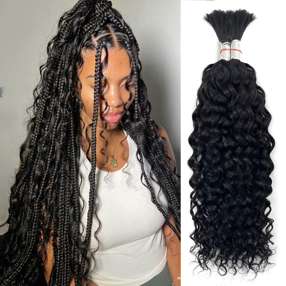 Human Braiding Hair for Boho Braids Human Hair Braiding No Weft Wet and Wavy Human Hair Braiding Hair Extensions For Boho Braids 2 Bundles 100g（20inch,#1B Black Water Wave)