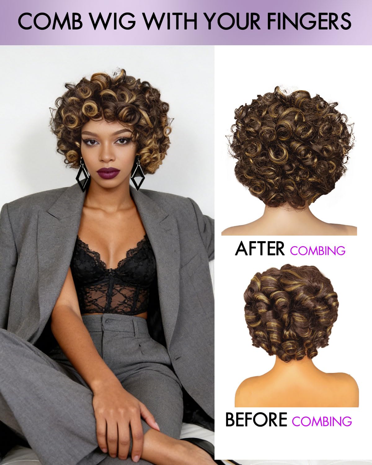 Wosama Curly Human Hair Wig With Bangs Ombre Glueless Bob Wig Human Hair 12inch Wigs Human Hair With Bangs Highlight Wear 4/27
