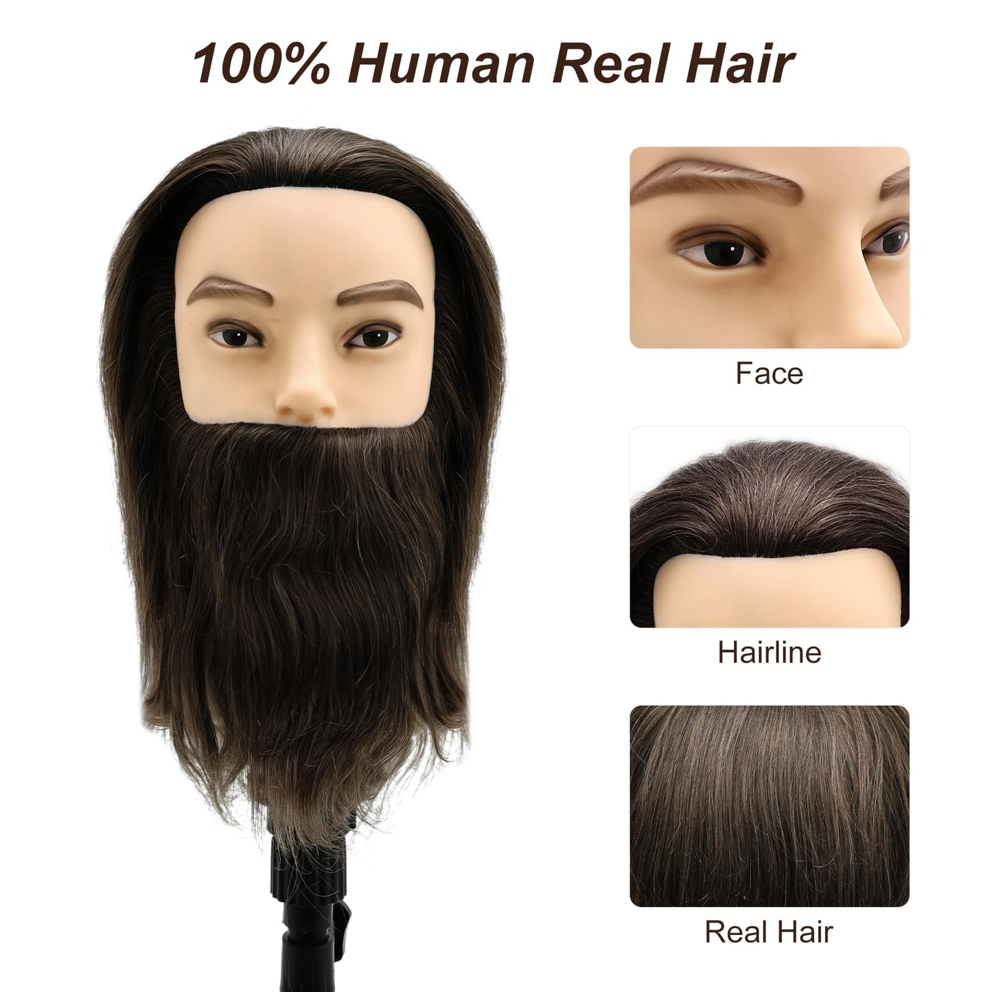 Yekavo Male Mannequin Head, Barber Mannequin Head Male 100% Human Hair With Beard, Professional Training Head with Real Hair for Practicing Hair Cutting & Styling, Black