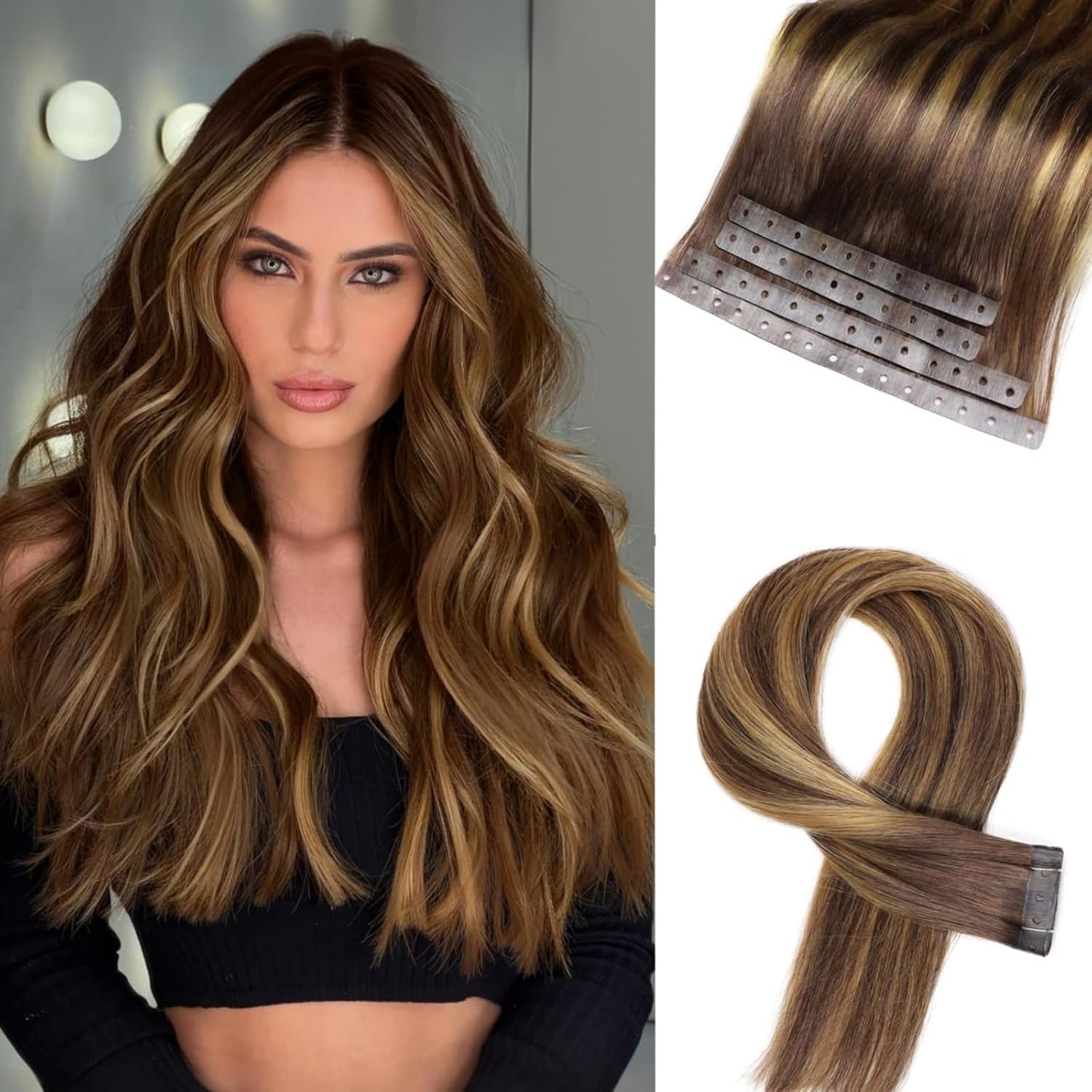 Invisible Weft Hair Extensions - Real Human Hair PU Skin Weft | Seamless T4/27 Balayage Caramel Blonde (16 Inch, 35g, 4 Pcs)