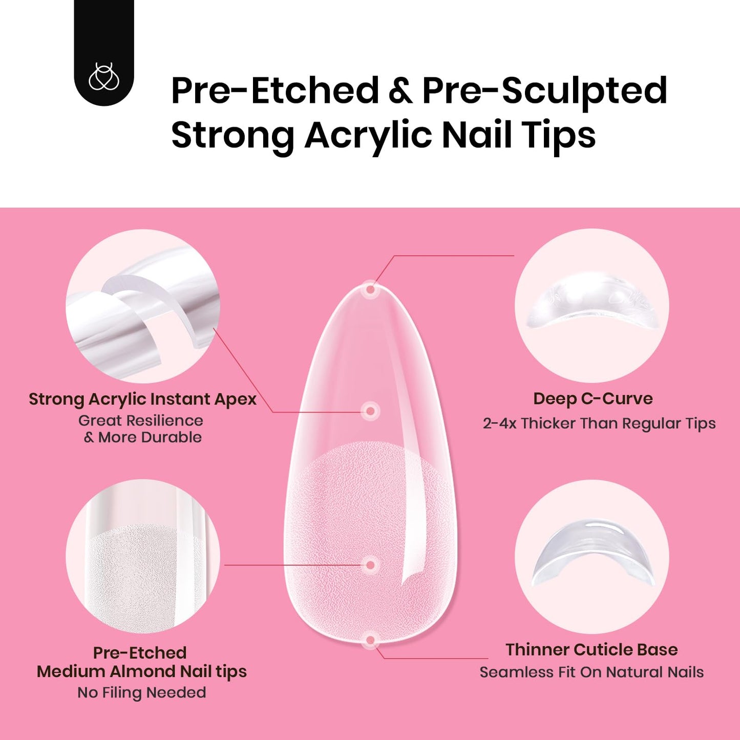 Beetles Tipex Instant Apex Medium Almond Tip Kit, 224 Pcs, 16 Sizes, Pre-Built Pre-Etched Thick Acrylic Tips, Includes Mini UV Lamp & Tipex Nail Glue