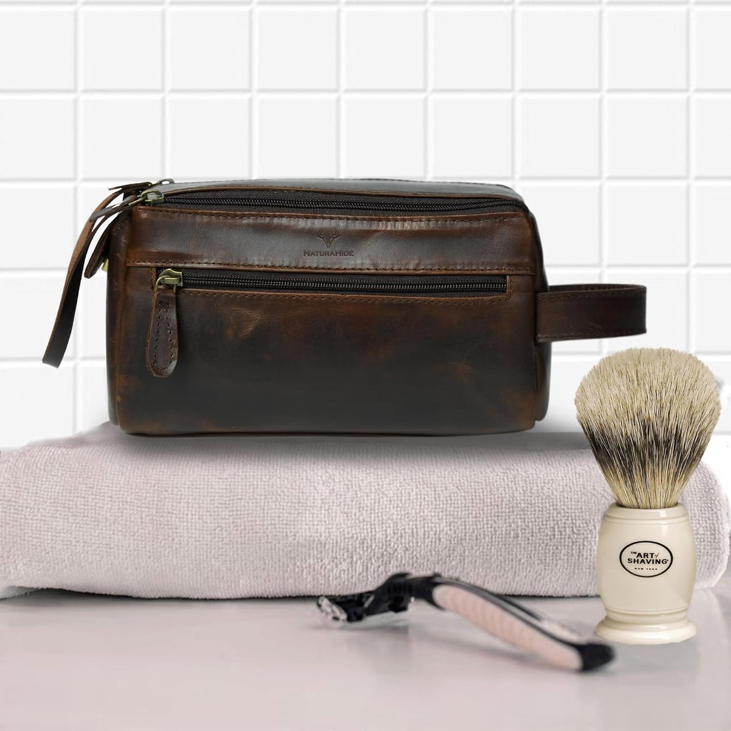 Leather Toiletry Bag for Men - Handmade Travel Kit with Durable Waxed Canvas Lining | Small Brown Shaving Organizer