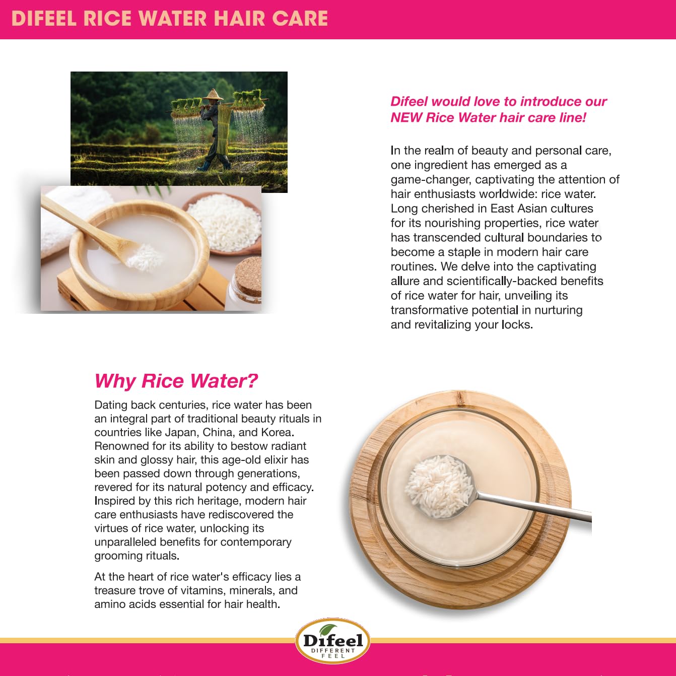 Difeel Rice Water Shampoo 33.8 oz. - Strengthening Sulfate Free Shampoo for All Hair Types