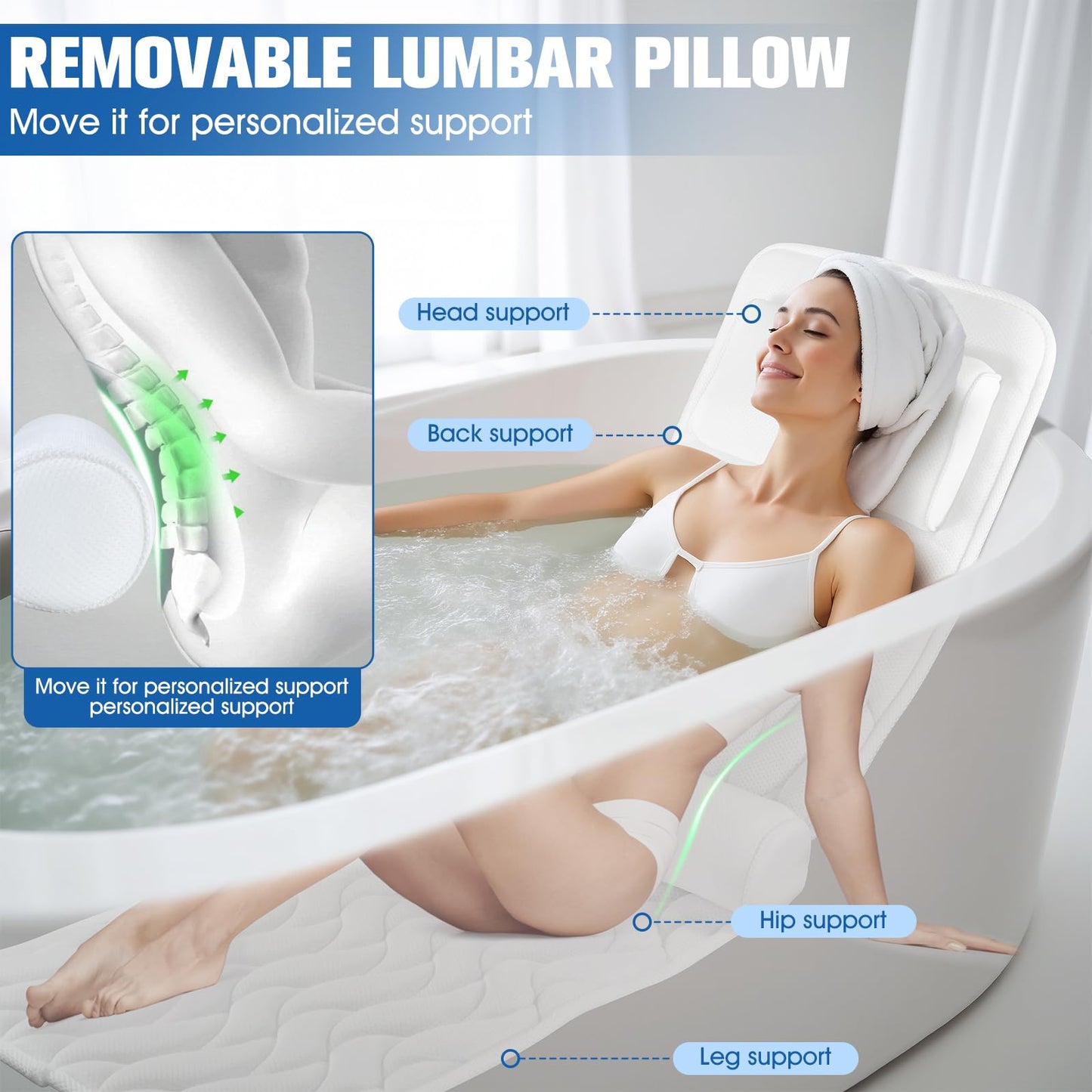 Full Body Bath Pillow for Bathtub,Luxury Thick Bath Cushion for Soaking Tub w/Adjustable Lumbar Support Full Body Bathtub Pillows for Head and Neck Shoulder Support,5D Air Mesh,51"x 16.5"White