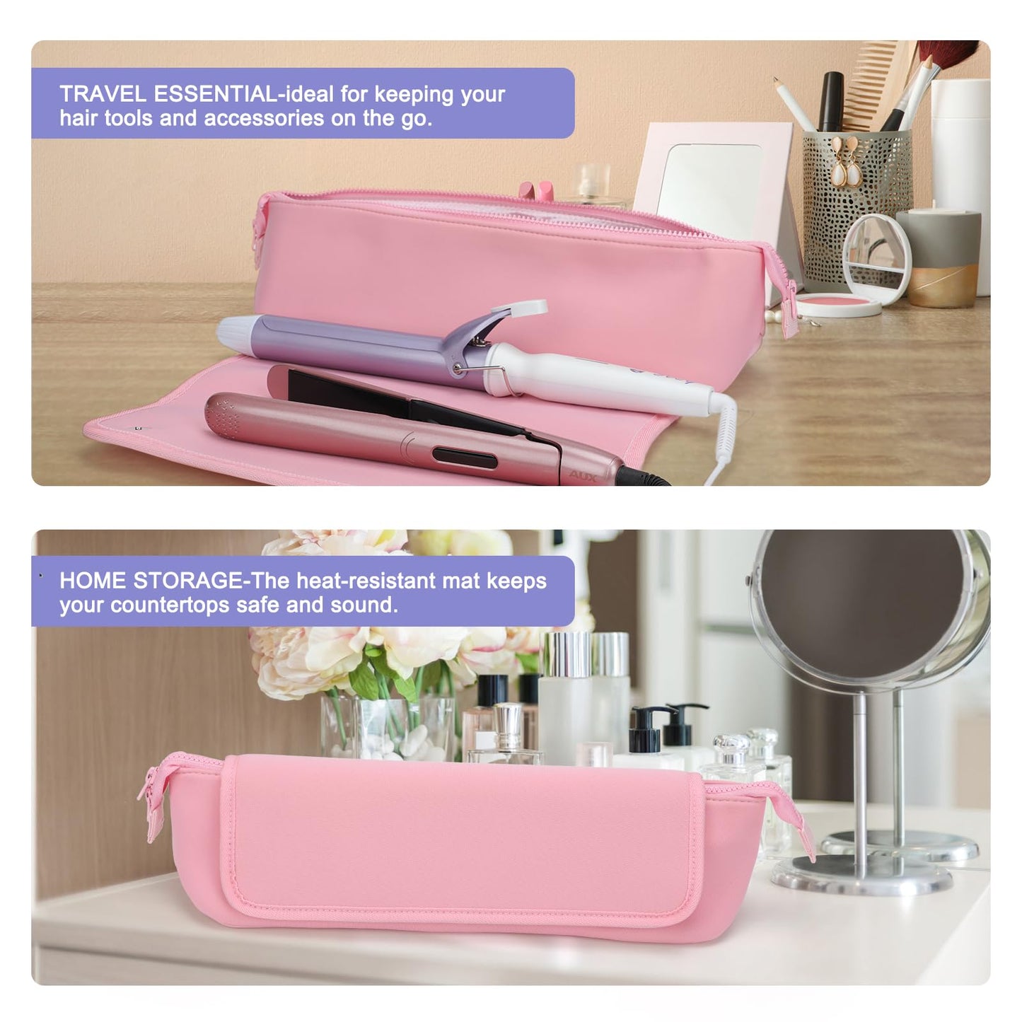 Travel Essentials Neoprene Hair Style Tools Bag w/Heat Resistant Mat for Flat or Curling Irons, Straighteners Accessories, Gifts for Women Mom Daughter Sister Friends for Birthday (Pink)